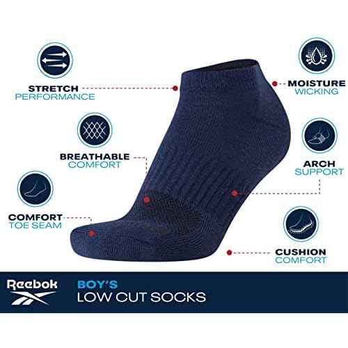 Reebok Boys' Low Cut Socks - 12 Pack Stretch Performance No Show Socks with Arch Support - Cushioned Athletic Socks for Boys