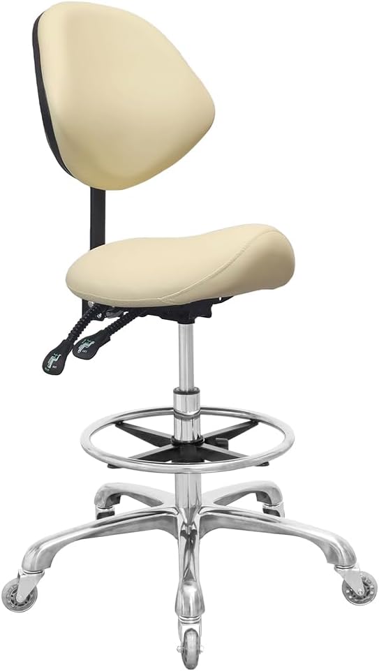 Saddle Stool Chair with Back Support Footrest, Heavy-Duty(350LBS), Hydraulic Rolling Swivel Adjustable Stool Chair for Salon Spa Beauty Massage Dental Clinic Home Office Use(Beige)