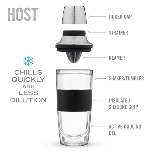 HOST Cocktail Shaker FREEZE Double-Walled Cup with Citrus Reamer, Strainer, Jigger Cap for Cold Brew Cocktails, Stainless ...
