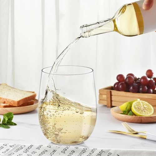 Lamosi 24 Pack Plastic Wine Glasses Disposable, 16 oz Stemless Wine Glasses for Party, Reusable Crystal Clear Plastic Cup...