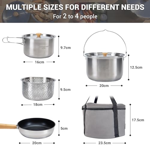 Camping Cookware Set 304 Stainless Steel Campfire Cooking Pots Pan and Kettle with Camping Stove 3 Burner 20400 BTU Propan...