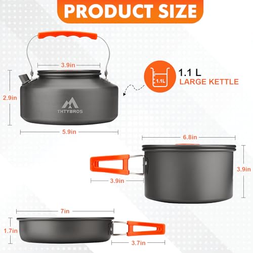 THTYBROS 17pcs Camping Cookware Kit, 0.45Gal Pot, 7inches Pan,0.30Gal Kettle Set with 2 Set Stainless Steel Cups Plates Fo...