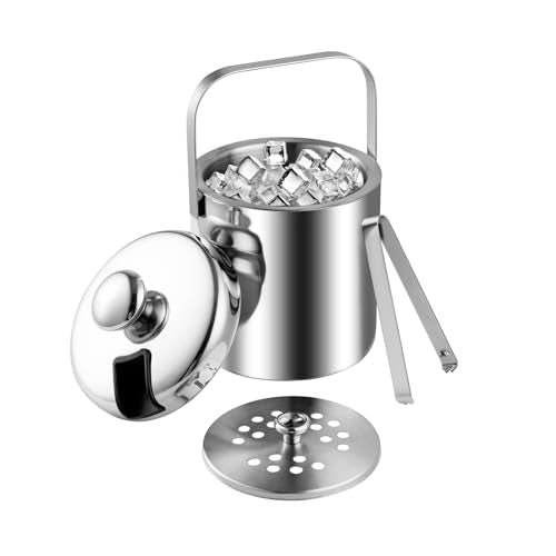 3 Liter Ice Bucket with Lid Scoop Tongs Strainer, Portbale Double Wall Stainless Steel Ice Container Freezer Drinks Cooler...