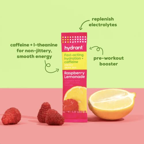 Hydrant - Energy Electrolyte Powder, Raspberry Lemonade Flavor, 30 Caffeine & L-Theanine Energy Hydration Stick Packs - Lo...