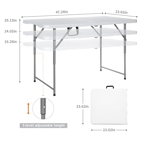 Lakhow Folding Table 4-Foot Heavy Duty Plastic Utility Table Portable Thick Table Top Indoor Outdoor Adjustable Height wit...