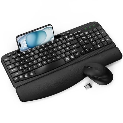 Wireless Keyboard and Mouse Combo, Wave Keys Full-Sized Ergonomic Keyboard with Cushioned Plam Rest, Phone Holder, Comfort...