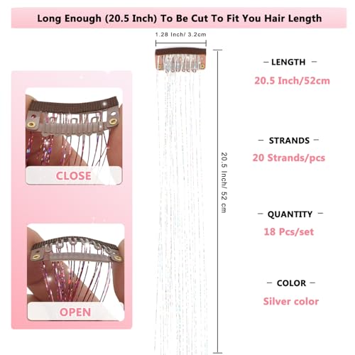 Obinying Hair Tinsel Pack of 18 Pcs Hair Tinsel Clip in 20.5 Inch Glitter Tinsel Hair Extensions Clip in Hair Tinsel Kit P...