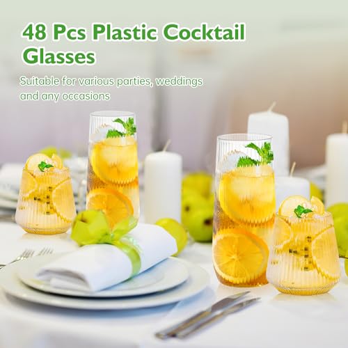 mwellewm 48 Pcs Plastic Wine Glasses Disposable Ribbed Cocktail Cups Set 9 OZ Stemless Champagne Flutes 12 OZ Origami Shat...