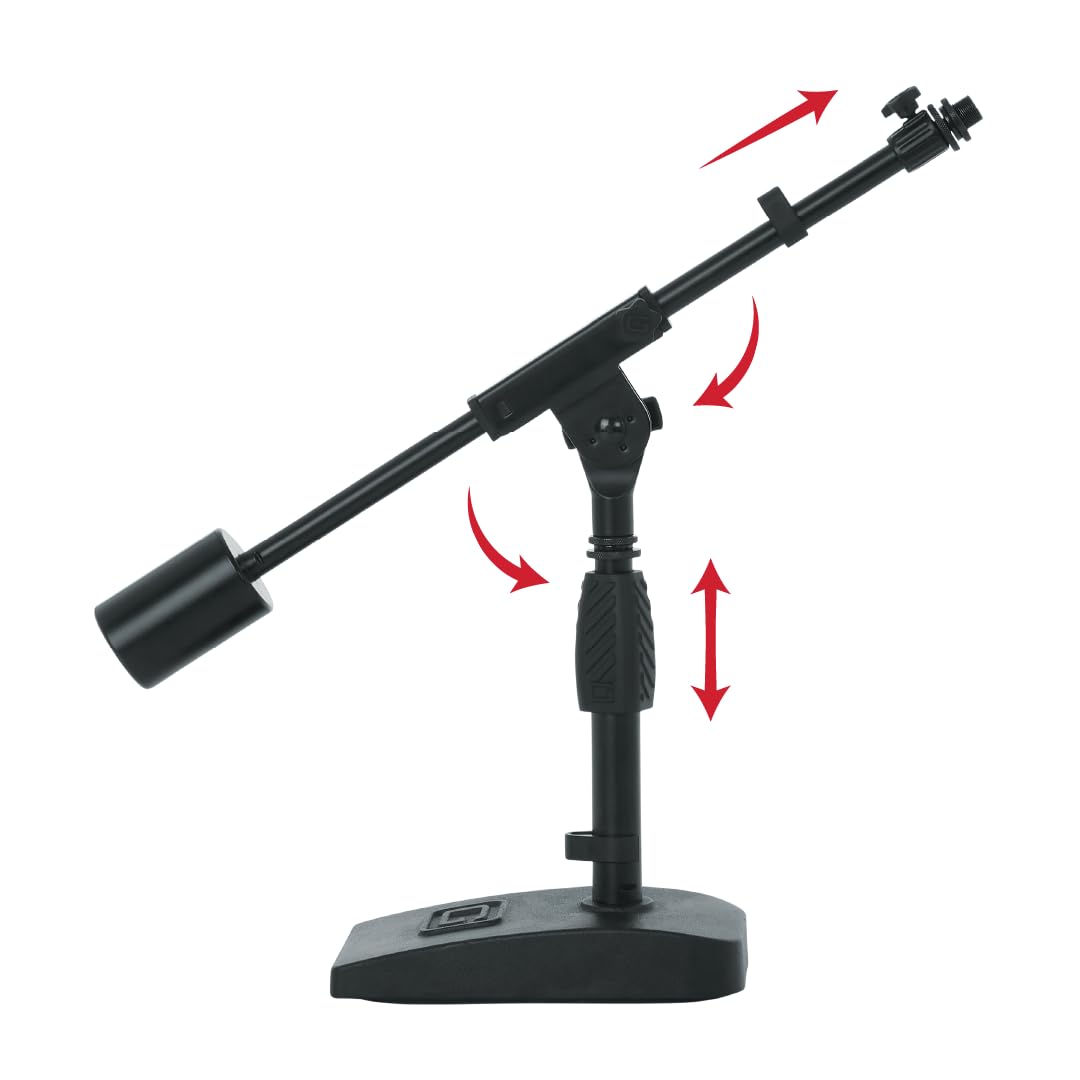 Gator Frameworks Short Weighted Base Microphone Stand with Telescopic Boom Arm and 2.5 Lbs Counter Weight, Ideal for Desktop, Re