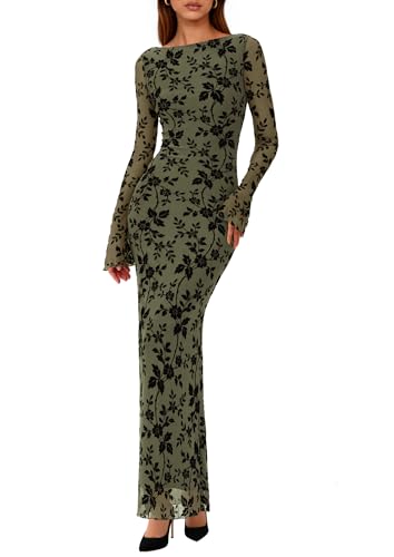 PRETTYGARDEN Women's Floral Bodycon Maxi Dress 2026 Spring Elegant Mesh Long Sleeve Formal Wedding Guest Cocktail Dresses
