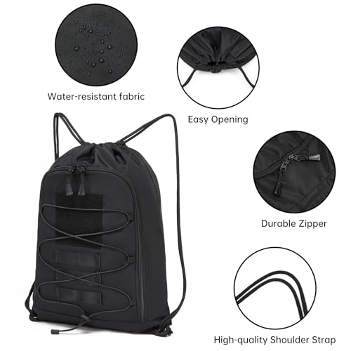 seyfocnia Drawstring Backpack Tactical String Gym Bag with Zipper Pockets, Waterproof Cinch Bag Sport Gym Backpack for Me...