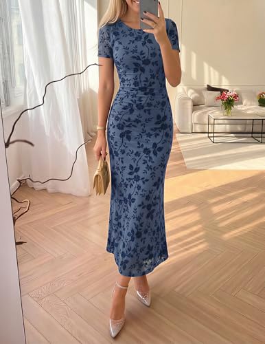 ZESICA Women's Summer Short Sleeve Floral Bodycon Dress 2026 Ruched Mesh Wedding Guest Cocktail Party Maxi Dresses