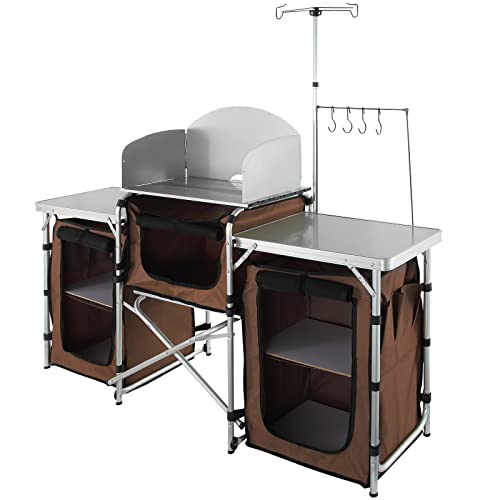 VEVOR Camping Kitchen Table, Folding Outdoor Cooking Table with Storage Carrying Bag, Aluminum Cook Station 3 Cupboard & D...