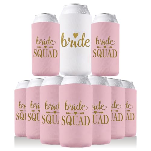 PartyGifts&Beyond Bridesmaid Gifts Can Cooler 10Packs Bachelorette Party Decorations Slim Can Cooler Bride Squad Can Sleev...
