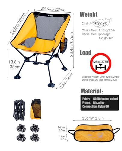 iClimb Ultralight Compact Camping Folding Beach Chair with Anti-Sinking Large Feet and Back Support Webbing (Yellow - Squa...