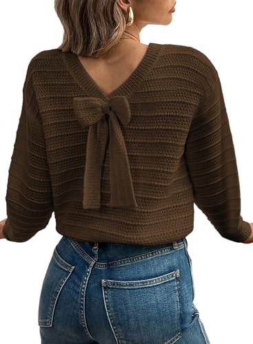 EVALESS Sweaters for Women Long Sleeve Fall Outfits 2025 Back Bow Knot Sweaters Round Neck Solid Knit Pullover Tops