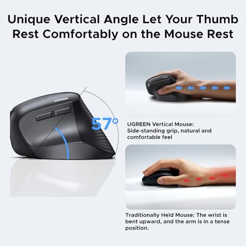 UGREEN Ergonomic Mouse, Wireless Bluetooth Vertical Mouse, Dual-Mode (BT 5.4 & USB 2.4G), Quiet Clicks, 4 Adjustable DPI (...
