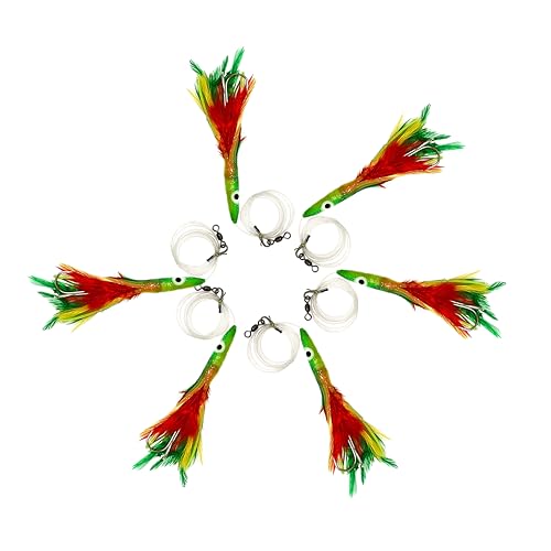 6" Tuna Clone Feather Rigs, 6 Pcs Mexican Flag Color, for Offshore Saltwater Trolling, Skirted Feather Lures, Ideal for Bi...
