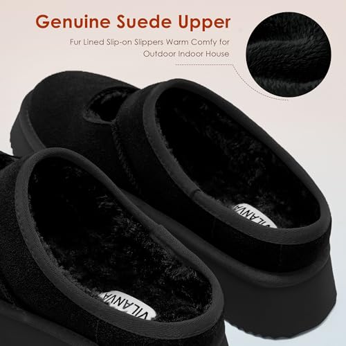 Vilanva Platform Slippers for Women Cozy Fur Lined Slip on Mary Jane Winter Shoes Warm Comfy House Slippers for Indoor Out...