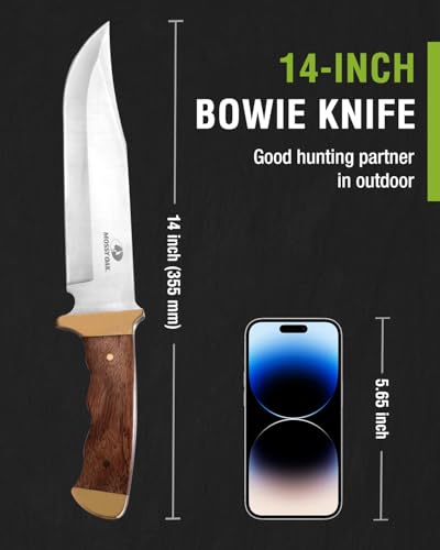 Mossy Oak 14-inch Bowie Knife, Full-tang Fixed Blade, Wood Handle Hunting Knife with Leather Sheath for Camping, Hiking, S...