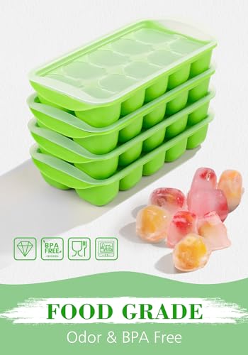DOQAUS Ice Cube Tray with Lid and Bin - 4 Pack Ice Bucket Kits, Stackable Silicone Ice Trays for Freezer, Easy Pop Out, BP...