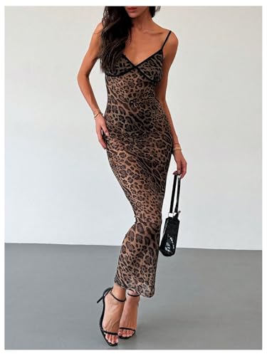 BEAUDRM Women's Sexy Cheetah Sheer Dress Y2K Mesh Leopard See Through Bodycon Maxi Dress Going Out Date Party Rave Clubwear