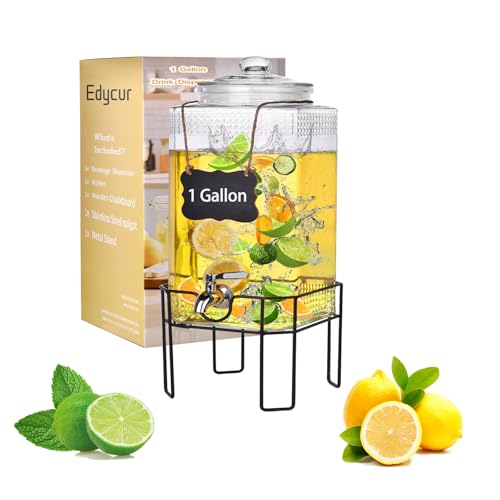 Drink Dispenser, Drink Dispensers for Parties, 1 Gallon Glass Beverage Dispenser with Stand and Glass Lid, 100% Leakproof ...