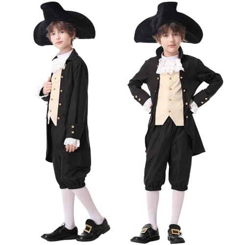aicoaub Kids Colonial Costume Boys 18th Century America Cosplay Costume with Hat 4-17