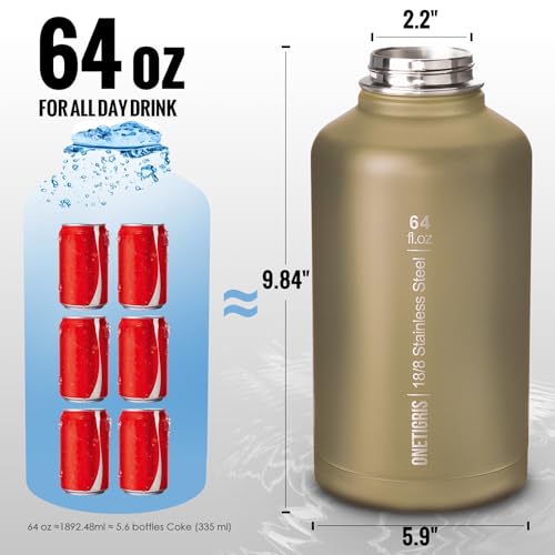 ONETIGRIS Tactical Half Gallon Water Bottle with Straw - 64 oz Vacuum Insulated Stainless Steel Water Jug, Leakproof Sport...