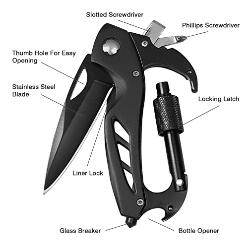 FUNBRO Multitool Carabiner with Pocket Knife, Stocking Stuffers Gifts for Men, EDC Carabiners with Folding Knives, Bottle ...