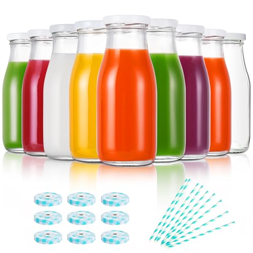 YEBODA 11oz Glass Milk Bottles with Reusable Metal Twist Lids and Straws for Beverage Glassware and Drinkware Parties, Wed...