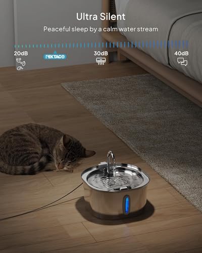 PEKTACO Stainless Steel Cat Water Fountain, 3.2L/108oz Cat Water Dispenser with Ultra-Quiet Water Pump and Water-Level Win...