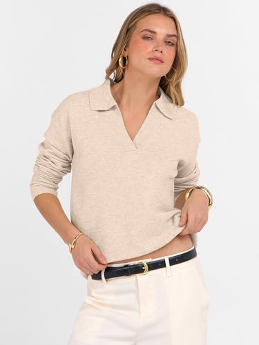 ANRABESS Womens Polo V Neck Long Sleeve Sweaters Lightweight Dressy Casual Business Basic Knit Pullover Top 2025 Fall Outfits
