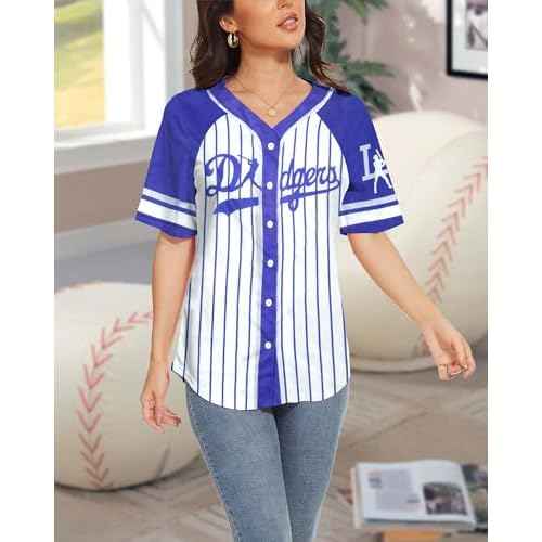 Baseball Shirt Jerseys for Women Baseball Jersey Game Day Fan Striped Baseball Player Button Down Short Sleeve Tops
