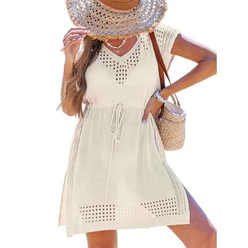 CUPSHE Women Crochet Swim Coverups Short Sleeve Drawstring Beach Coverups Dress