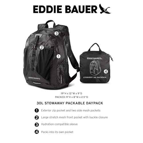 Eddie Bauer Stowaway Packable Backpack 30L with Water Resistant Finish and 2 Mesh Side Pockets for Water Bottles - Spruce