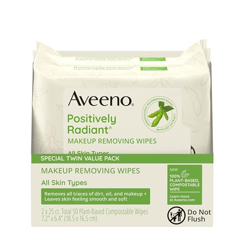 Aveeno Positively Radiant Alcohol Free Makeup Removing Face Wipes, Gentle Non-Comedogenic Facial Cleansing, 100% Plant Bas...