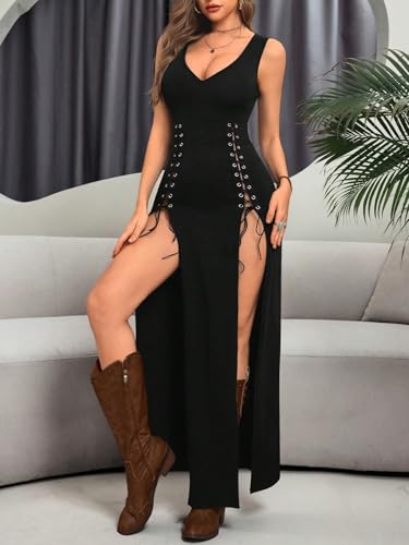 GothDark Womens Sexy Black Dress with Slit V Neck Eyelet Gothic Bodycon Cocktail Long Halloween Night Club Dresses