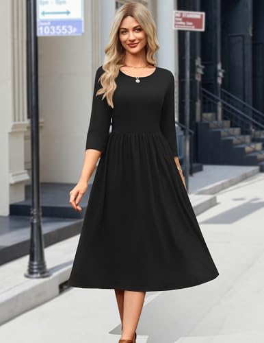 Zeagoo 3/4 Sleeve Women's Dress Casual Flowy A-Line Midi Tshirt Dresses with Pockets Crewneck Vocation Boho Beach Sundress