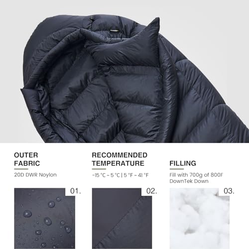 OneTigris Black Nordic Defender 2.0 Version - 5℉ Down Sleeping Bag Winter- Ultralight Backpacking Puffy 800 Fill Power 700...