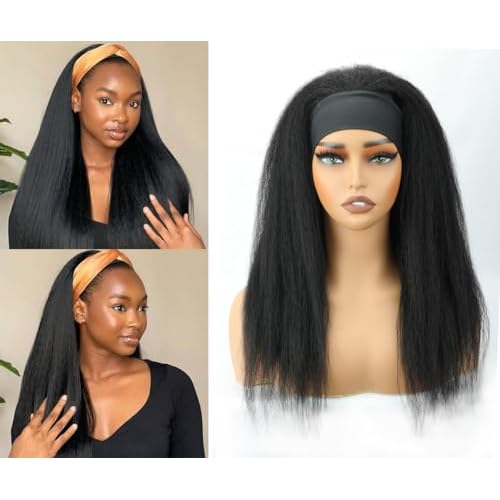 Kinky Straight Headband Wig 26 Inch Human Hair Headband Wigs for Black Women Glueless Yaki Straight Human Hair Headband Wigs Natural Black color