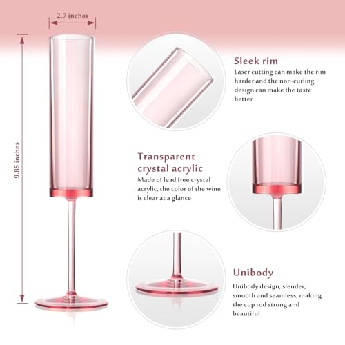 6 Pieces Acrylic Pink Champagne Flutes 5.4 OZ Square Champagne Glasses Stemmed Coupes Reusable Wedding Toasting Glasses Ro...