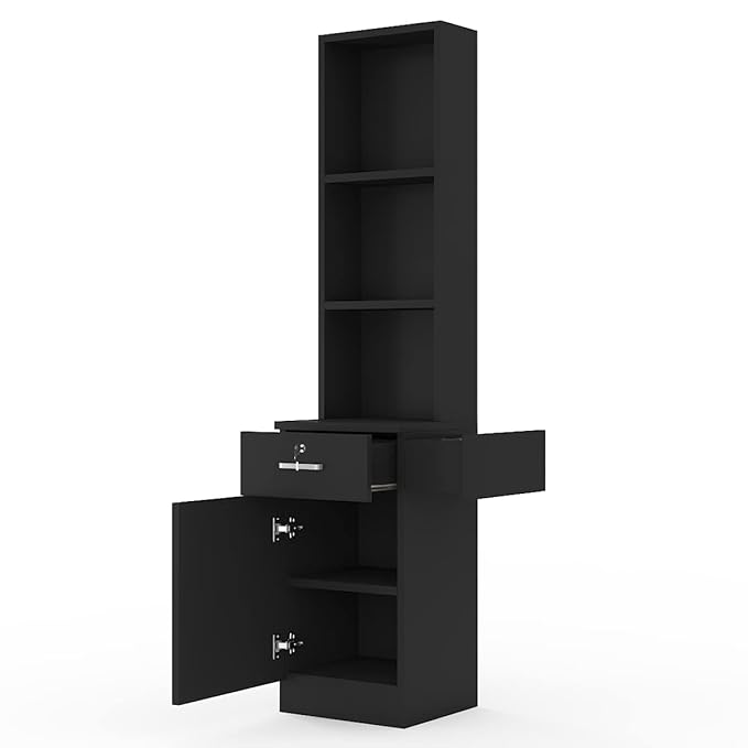 Paddie Hair Salon Stations, Lockable Barber Stations Wall Mount Salon Equipment for Hair Stylist with 1 Lockable Drawer, 3 Holders & 1 Storage Cabinet (with Holders, Black)