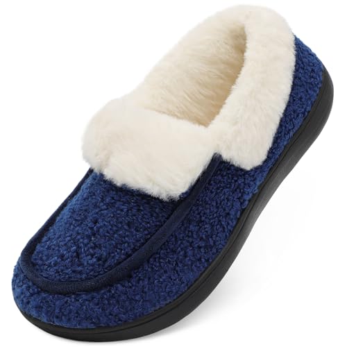 BARERUN Womens Slippers Fuzzy Collar Slipper Boots for Women Wide Toe House Shoes Moccasin Camping Travel Slippers with Ha...