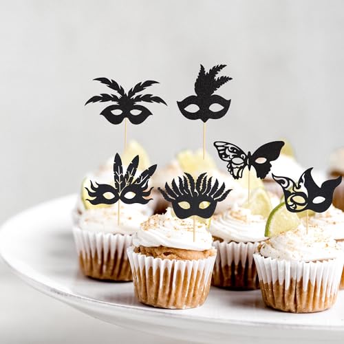 Arthsdite 24Pcs Masquerade Masks Cupcake Toppers Bachelorette Party Mask Cupcake Food Fruit Picks Masquerade Mardi Gras Pa...