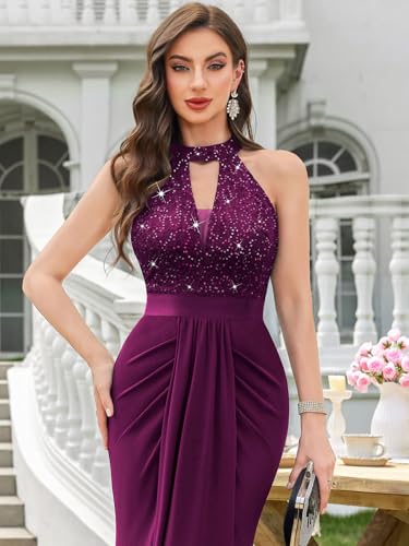 Miusol Women's Elegant Halter V-Neck Lace Sequin Pleated Formal Evening Maxi Dress