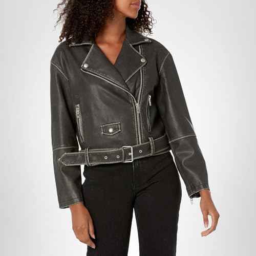 [BLANKNYC] Womens Luxury Clothing Vegan Leather Moto Jacket with Belt, Comfortable & Stylish Coat, A-List, Large