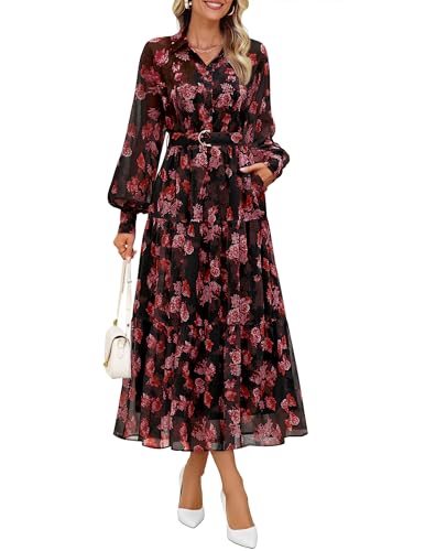 ZESICA Women's Spring Floral Long Sleeve Maxi Dresses 2026 Casual Button Belted Chiffon Boho Wedding Guest Party Dress