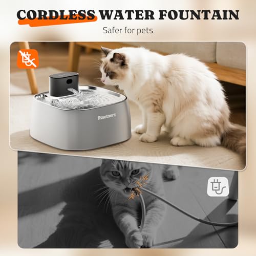 Pumpless Cat Water Fountain Stainless Steel, Automatic Cordless Cats and Dogs Water Dispenser 108oz/3.2L, Pawtners Battery...