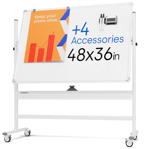 Rolling Dry Erase Board 48 x 36 - Large Portable Magnetic Whiteboard with Stand - Double Sided Easel Style Whiteboard with...